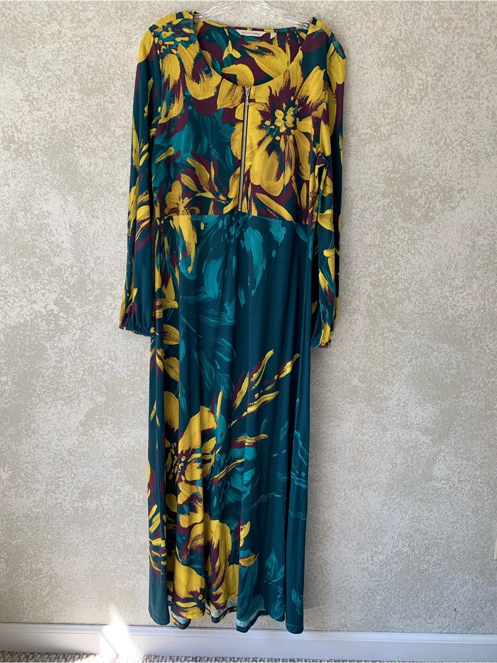 Soft Surroundings Teal Maxi Dress with Yellow Floral Print